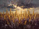 Lavendel onder een storm in goudoker, schilderij van lavendel onder een storm