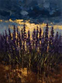 Schilderij van lavendel onder een storm in zwartgoud, in vlakke kleurvlakken