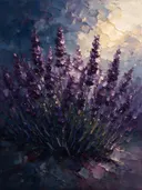 Lavendel tegen de lucht in aubergine, schilderij van lavendel tegen de lucht