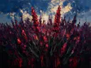 Schilderij van lavendel tegen de lucht in karmozijn, in vlakke kleurvlakken