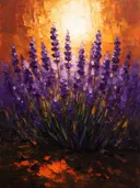 Lavendel tegen de lucht in paarsoranje, schilderij van lavendel tegen de lucht
