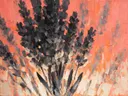Schilderij van lavendel van dichtbij in antracietkoraal, in vlakke kleurvlakken