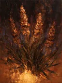 Lavendel van dichtbij in kopergloed, schilderij van lavendel aan de oever