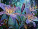 Schilderij van lichtgevende lavendelkleurige lelies met vlinders in een mystiek bos