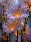 Schilderij van lavendelkleurige doorschijnende bloesems in een nevelige achtergrond