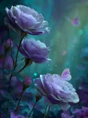 Schilderij van lavendelkleurige rozen in een mistige tuin