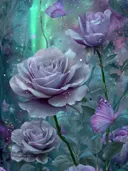 Schilderij van lavendelrozen onder een sterrenhemel met vlinders