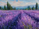 Schilderij van een lavendelveld bij zonsondergang