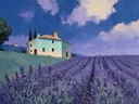Schilderij van lavendelveld in koele kleuren bij elkaar, in vlakke kleurvlakken