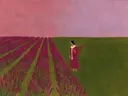 Schilderij van lavendelveld in magenta en olijf, in vlakke kleurvlakken