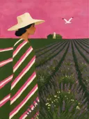 Schilderij van lavendelveld in olijf en roze, in vlakke kleurvlakken