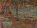 (Le café au bord du lac112819) (1) van Henri Le Sidaner: landschap met terras, bank, boom en water, in roze en groen