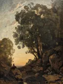 Le Chevrier italien. Effet de soleil couchant RF 899 bis van Jean-Baptiste Camille Corot: landschap met bomen, rotsen, zonsondergang en herder, in warm goud en donkerbruin