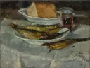 Le déjeuner de l'artiste (Het ontbijt van de kunstenaar) van Jan Toorop: stilleven met vis, brood, borden en tafel, in gedempt grijsgroen met geel