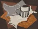 Le gobelet van Juan Gris: stilleven met beker, krant, tafel en kubisme, in wit, oranje en zwart