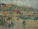 Le Grand Quai, Fécamp van Gustave Loiseau: stad met haven, kade, boten en mensen, in gedempt blauw en groen