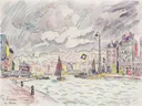 Le Havre mit Regenwolken van Paul Signac: stad met haven, kade, regenwolken en huizen, in gedempt grijs en roze