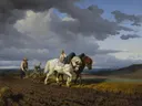 Le labourage.webp van Rosa Bonheur: dieren met paarden, ploeg, boeren en akker, in gedempt grijsblauw en bruin