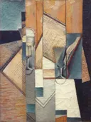 Le livre', , 1913. Musée d'Art moderne de la ville de Paris, palais de Tokyo. Flickr Lejeune Grégory van Juan Gris: stilleven met boek, glas, tafel en kubisme, in gedempt blauw en oker
