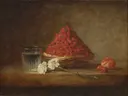 Le Panier de fraises des bois van Jean-Baptiste-Siméon Chardin: stilleven met aardbeien, mandje, glas water en anjers, in rood op warm bruin