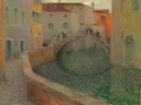 Le petit canal soir gris venise van Henri Le Sidaner: stad met gracht, brug, huizen en water, in gedempt groen en oker