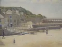 Le Pont et les quais à Port en Bessin ( ) van Georges Seurat: stad met haven, kade, huizen en brug, in gedempt grijsgroen