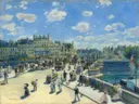 Le Pont Neuf van Pierre-Auguste Renoir: stad met brug, seine, wandelaars en huizen, in helder blauw en beige