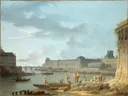 Le Pont Royal et le Louvre, vus du terre-plein du Pont-Neuf van Alexandre Jean Noël: stad met rivier, brug, paleis en boten, in licht blauw en beige