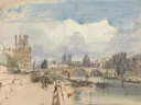 Le Pont Royal van Thomas Shotter Boys: stad met rivier, brug, kade en paleis, in licht blauw en beige