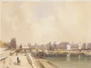 Le Pont Royal van Thomas Shotter Boys: stad met rivier, brug, kade en paleis, in licht blauw en beige