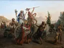 Le retour de la fête de la Madone de l'Arc, près de Naples van Léopold Robert: figuren met feest, kar, ossen en dans, in warm bruin en blauw