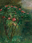 Le rosier fleuri van Gustave Caillebotte: bloemen met rozen, rozenstruik, bladeren en tuin, in rood en donkergroen