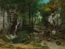 Le ruisseau de puits noir2024 CKS 22681 0061 000( ) van Gustave Courbet: landschap met bos, beek, rotsen en bomen, in donkergroen en bruin