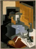 Le Tourangeau (Man from Touraine) (1918) van Juan Gris: abstract met kubisme, figuur, krant en tafel, in okergeel en zwart