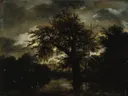 Le Vieux Chêne, J 103 van Jacob van Ruisdael: landschap met eik, boom, bos en schemer, in donkerbruin en groen
