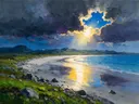 Landschapsschilderij, leeg strand in de bocht in de poolzomer