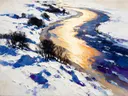 Landschapsschilderij, leeg strand in de bocht in de sneeuw