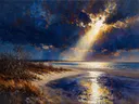 Landschapsschilderij, leeg strand in de bocht in late herfst