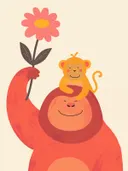 Leeuw met een bloem in de hand en een aapje op zijn hoofd