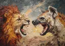 Leeuw tegenover een hyena, dieren schilderij