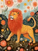 Illustratie van een leeuw met een gevlekt lijf tussen oranje bloemen en groen gebladerte.