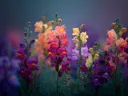 Schilderij van leeuwenbekjes tegen een blauwe schemerlucht