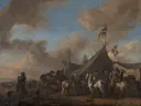Legerkamp van Philips Wouwerman: figuren met legerkamp, tenten, paarden en soldaten, in gedempt bruin met grijs