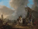 Legerplaats van Johannes Lingelbach: figuren met legerkamp, tenten, paarden en soldaten, in gedempt grijsblauw