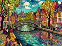 Leiden, Oude Rijn in bonte kleuren, schilderij van Leiden