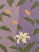 Schilderij van lelie van dichtbij in lila en mosgroen, in vlakke kleurvlakken