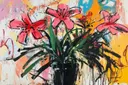 Lelies in zwarte vaas, botanisch schilderij