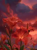 Schilderij van rode lelies met dauwdruppels bij zonsondergang