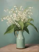 Stilleven met een boeket lelietjes-van-dalen in een groene kruik tegen een blauwe achtergrond.