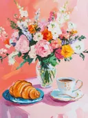 Schilderij van een bloemenboeket naast een croissant en een kopje koffie.